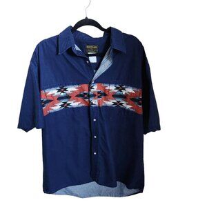 Vtg 90s Mens Rustler Wrangler Western Shirt Aztec Pearl snap Size XL Blue Cowboy
